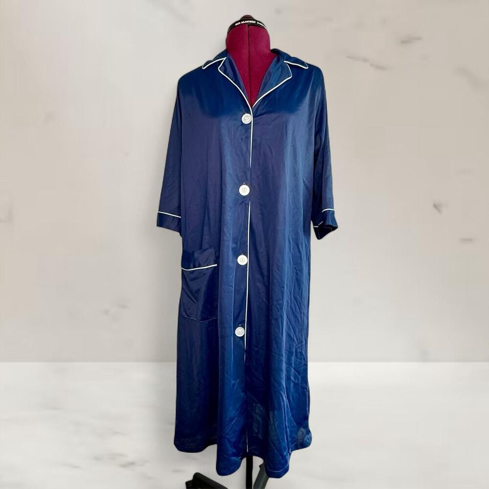 Vintage Navy Blue Satin Pajama Shirtdress with White Piping